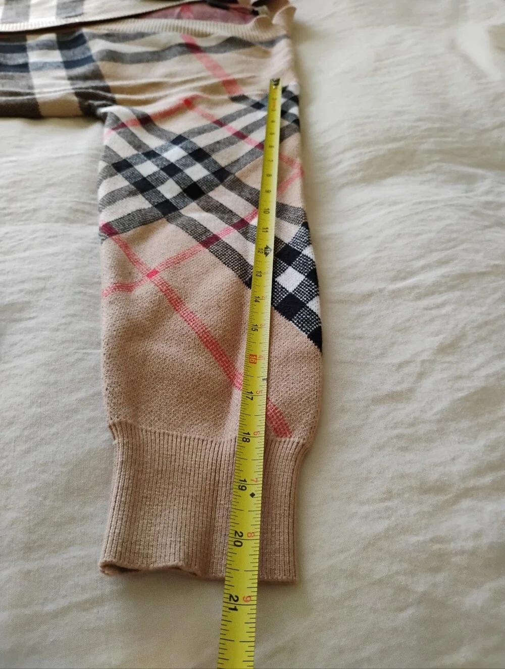 Beige Plaid V-Neck Button Cardigan with Red Accents